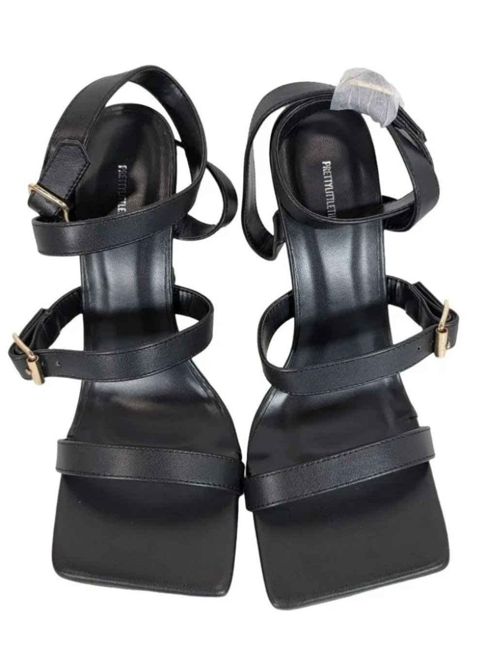 NEW Black PrettyLittleThing US Size 7 Square Double Strap Buckle Heels